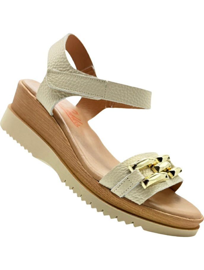 Sandalia Cuña Madera Velcro Piel Adornos De Pablos