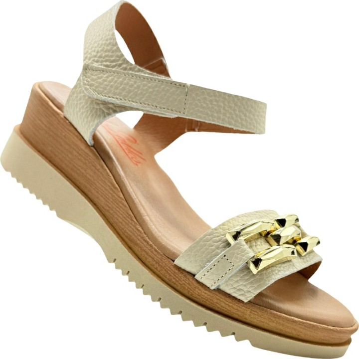 Sandalia Cuña Madera Velcro Piel Adornos De Pablos